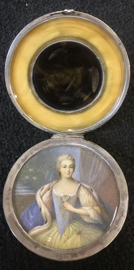 Early 20th century French School Miniature of an 18th century lady, 2..75in. in a silver and simulated tortoiseshell compact case